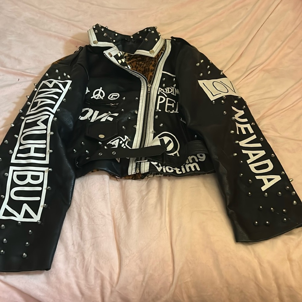 Rockstar Leopard Print Leather Jacket with Graffiti and Silver Cones with Belt